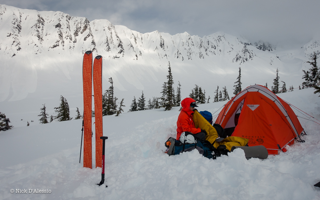 Camping out and skiing with views of “The Library” in Turnagain Pass while guiding in Alaska.