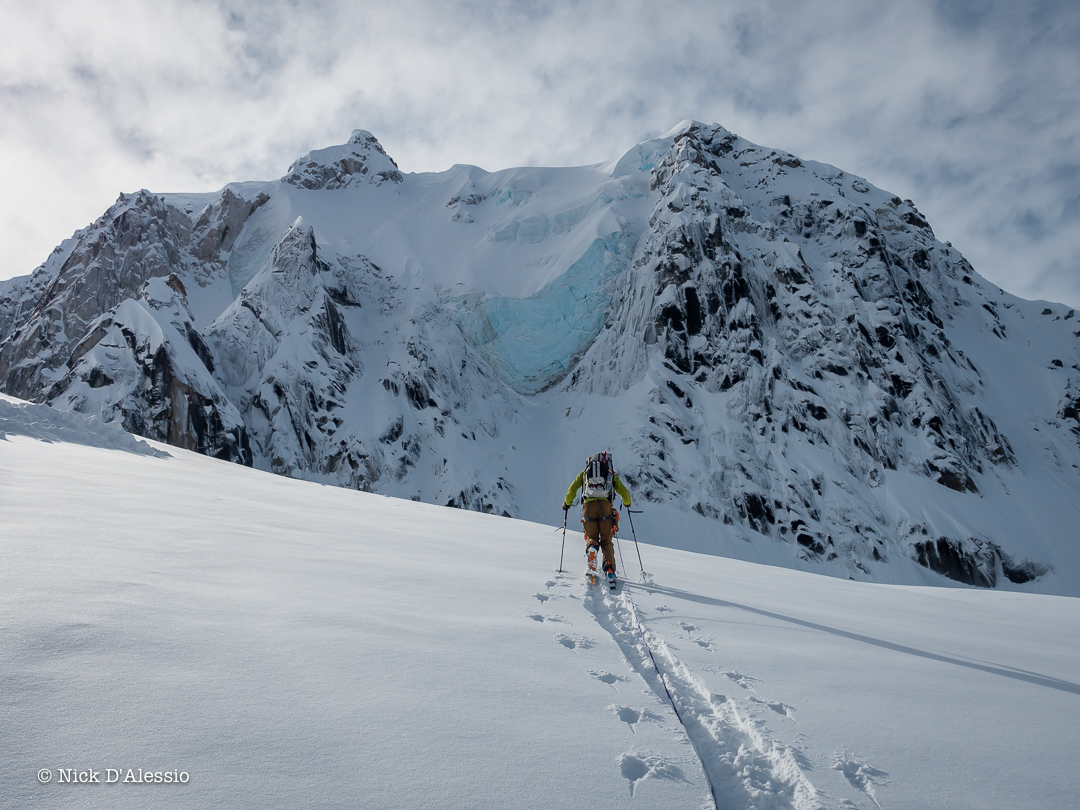 Powder runs await on the other side of the pass- guiding in Alaska. 