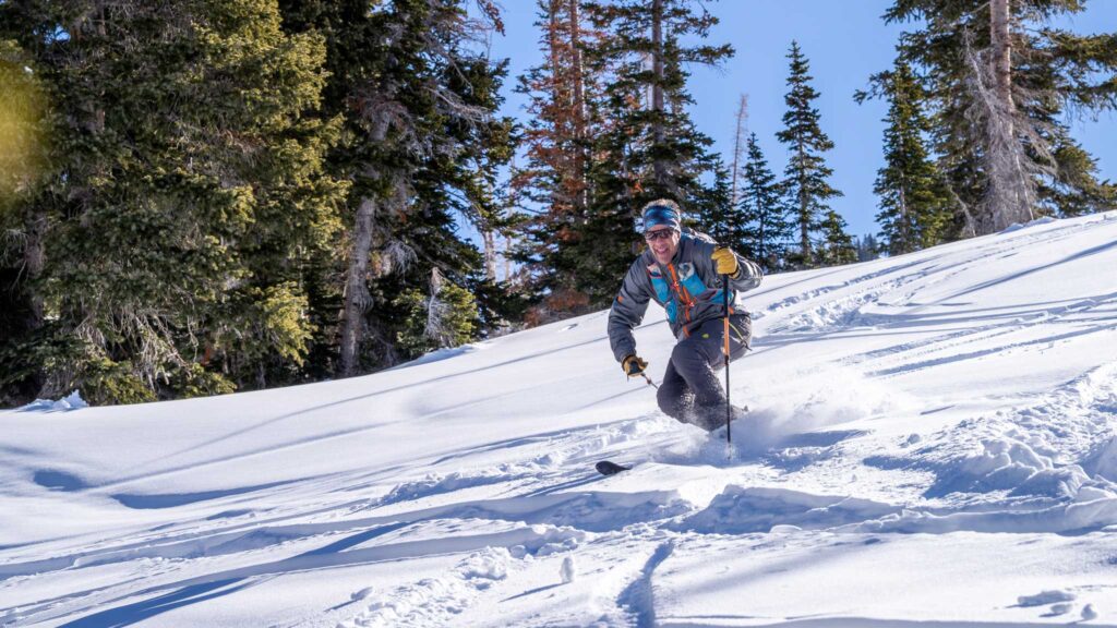 Scarpa T4 boot with Voile Switchback Bindings on Voile UltraVector skis