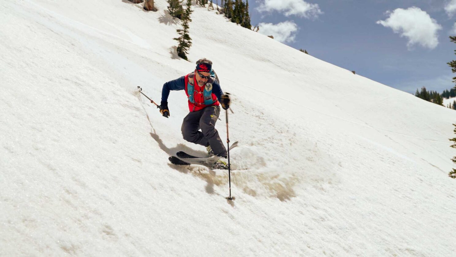 Mark Christopherson skiing fast on Voile TTS Transit bindings and Endeavor BC skis in spring sidecountry conditions.