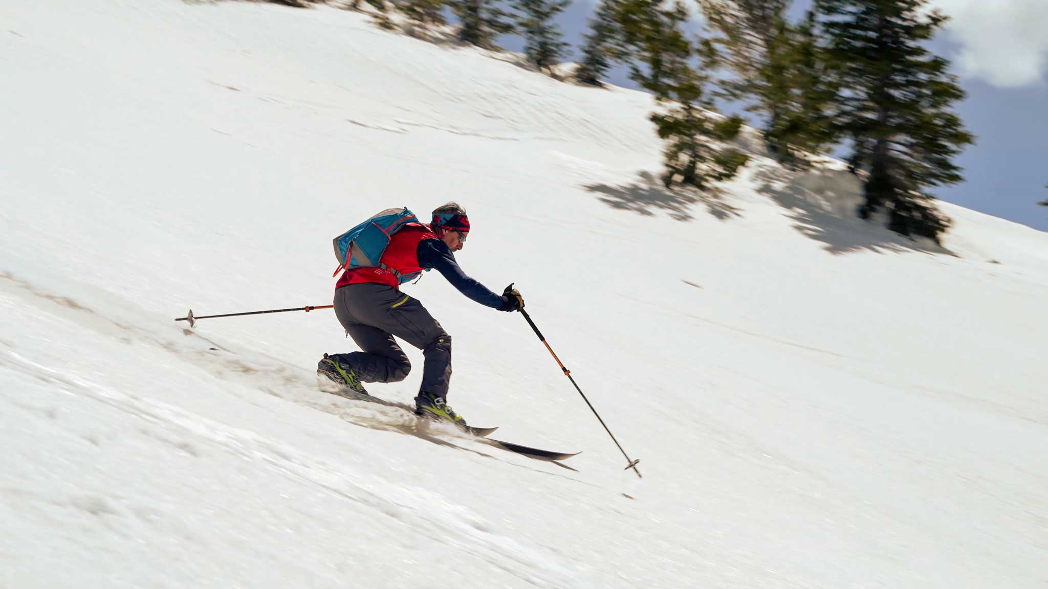Mark Christopherson skiing fast on Voile TTS Transit bindings and Endeavor BC skis in spring sidecountry conditions.