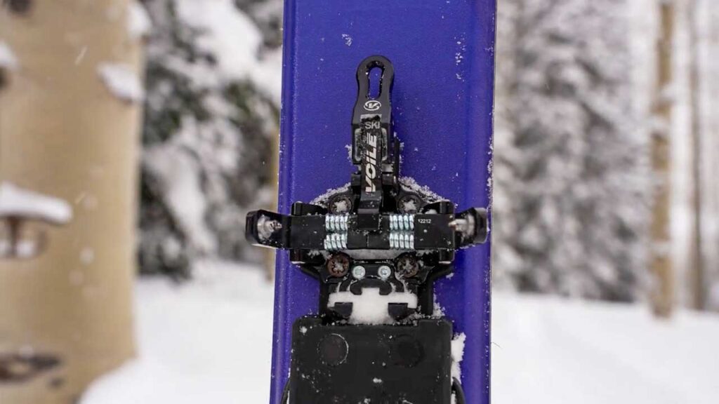 Closeup of the tech toe piece on the Voile TTS Transit telemark binding.