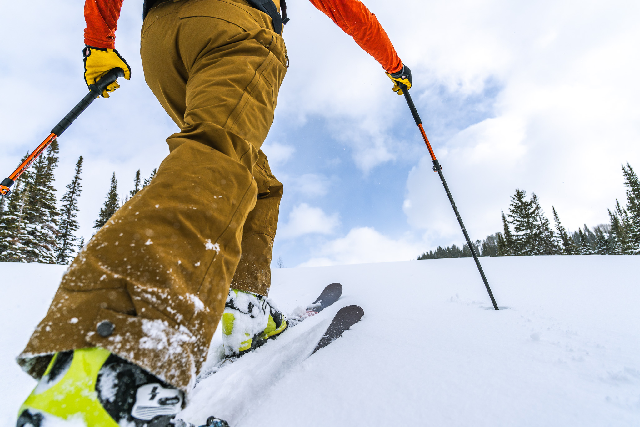 Voile SuperCharger BC scaled-base skis climbing uphill during a backcountry ski tour