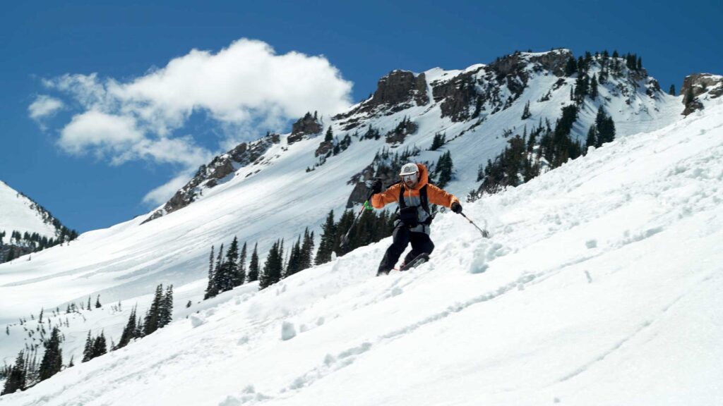 Tyler Stevens skiing the ATK Newmark Lite in heavier spring snow.