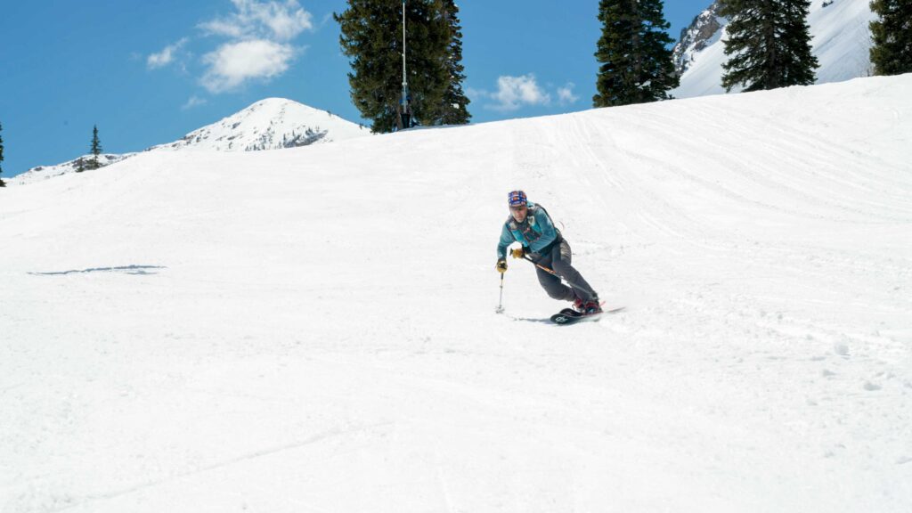 Mark Christopherson skiing the ATK Newmark Lite in spring snow in the Wasatch.
