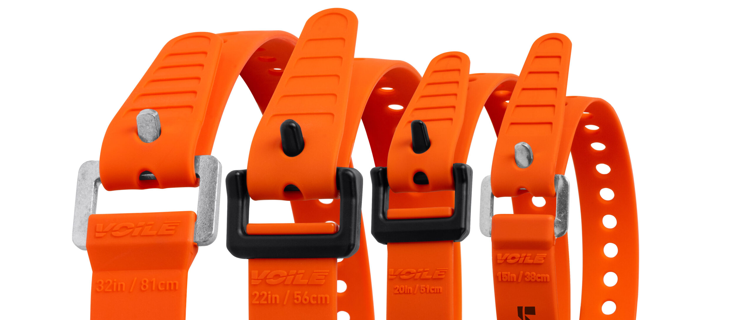 Four Voile Straps showing the molded brand mark and length information.