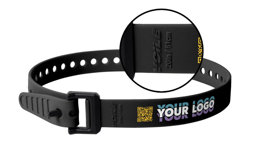 Co-branded Voile Strap with QR Code and infographic showing molded Voile brand mark and length information.