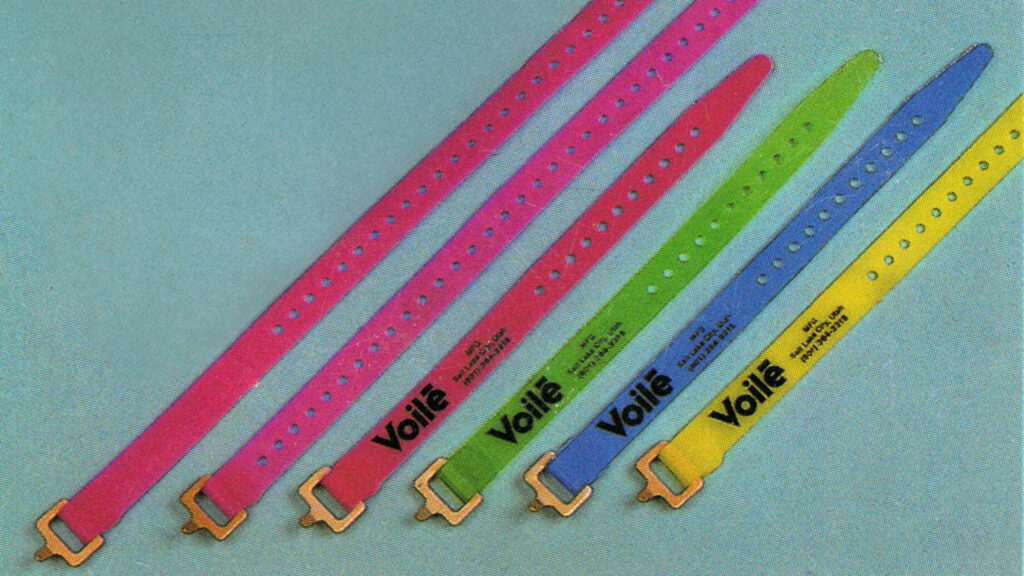 Archival studio image of the first end-user Voile Straps, 1984.