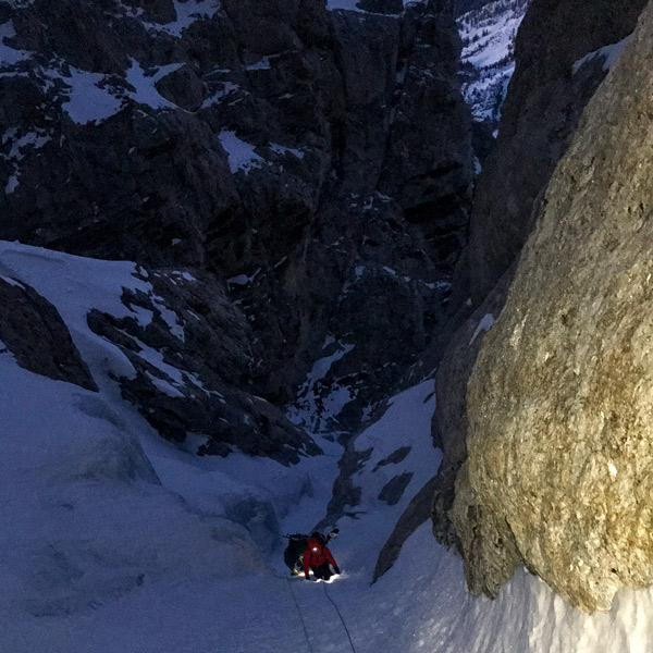 Chirston and Aaron in the Chevy Couloir. Photo: Billy Haas