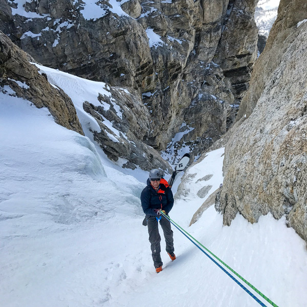Christon rappelling the Chevy Couloir Photo: Billy Haas