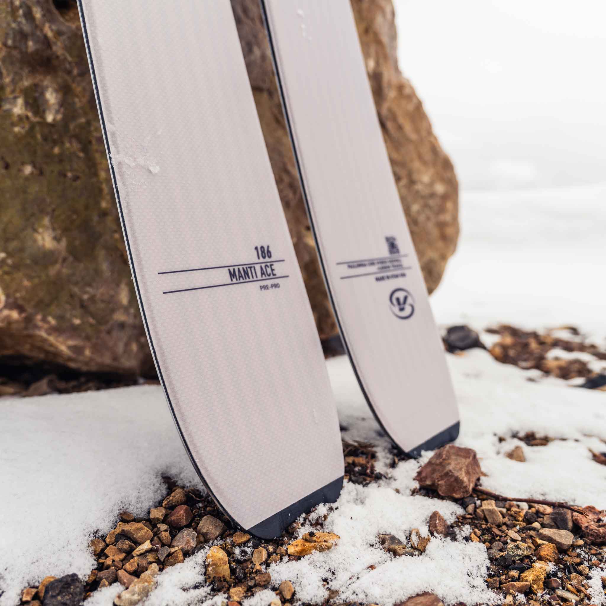 Close up of Voile Manti ACE touring ski tips on snow